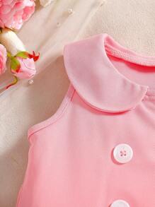 Baby Girls' Solid Color Peter Pan Collar A-Line Pleated Dress, Designed With A Classic And Fashionable Style To Showcase The Baby's Elegant Charm. Made Of High-Quality Fabric, The Solid Color Design Is Simple And Generous, And The Delicate Peter Pan Collar With The A-Line Pleated Skirt Adds A Touch Of Playfulness And Elegance. - Dusty Pink - View 4