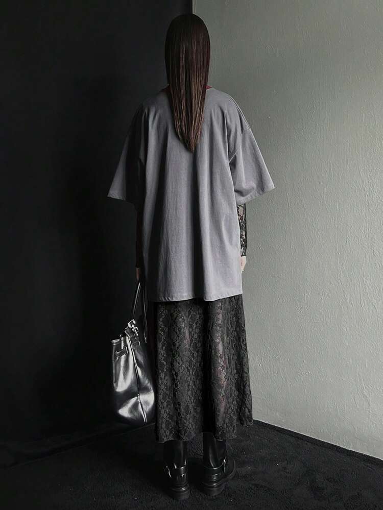 Women's High Neck Lace Sheer Long Slit Blouse, Black, Spring/Summer Long Sleeve Women Tops