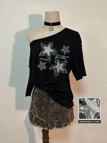 Attitoon Camiseta feminina vintage casual com efeito jeans e estampa de estrela e ombros caídos - Preto - Ver 8