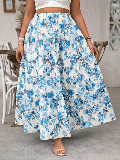 SHEIN VCAY 大码花卉印花拼布半身裙