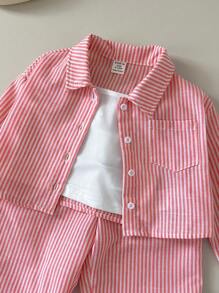 SHEIN 3 pièces/set Chemise rayée mignonne pour bébé fille, pantalon à taille élastique et camisole, printemps/été - Rouge et Blanc - Voir 5