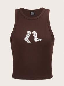 SHEIN EZwear Casual Minimalist Western Cowgirl Boot Print Round Neck Slim Fit Sleeveless Tank Top, Suitable For Summer