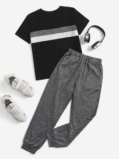 SHEIN Tween Boy 撞色拼布纯色 T 恤和锥形裤