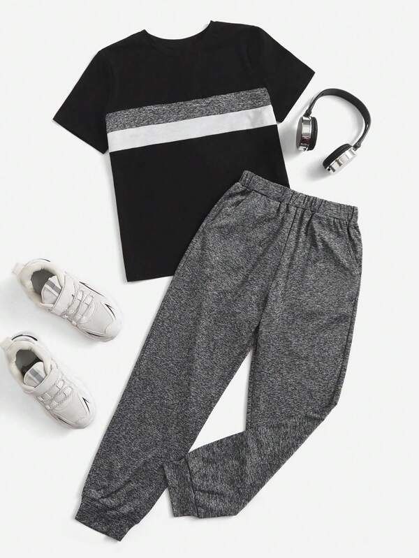 SHEIN Tween Boy Contrast Color Patchwork Plain T-Shirt And Tapered Leg Pants