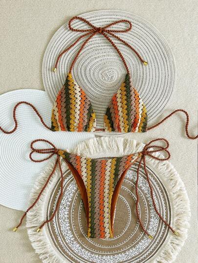 Swim Vcay Kvinnor Virkad Halter Top Wraparound Bikini Set, Beachwear Summer Outfit