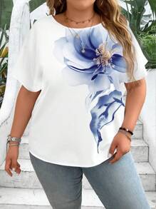 EMERY ROSE Camicia casual a maniche corte da donna con scollo rotondo, oversize, con stampa floreale