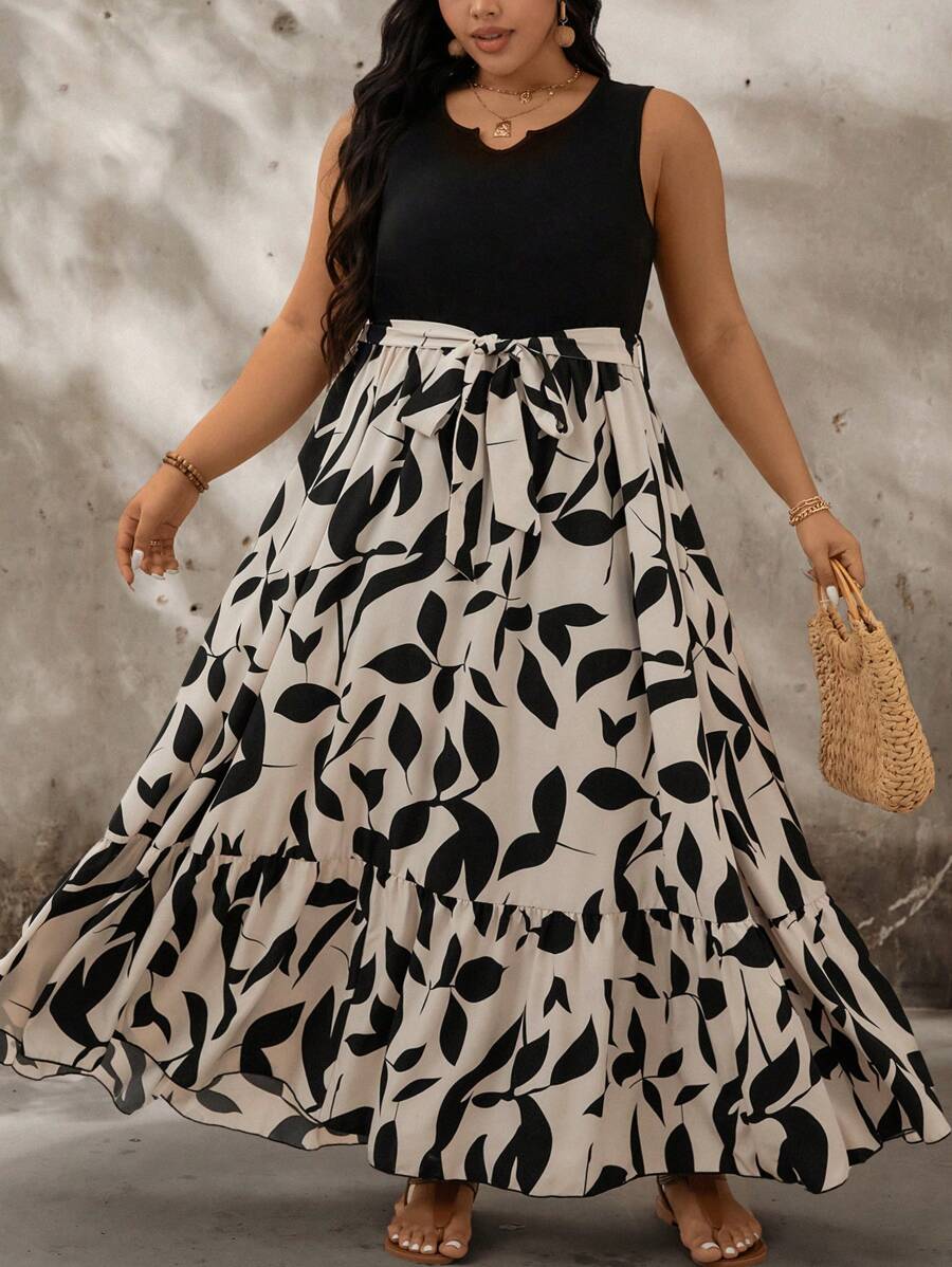 SHEIN CURVE+ Plus Size Resort Style Top, Printed Fabric Patchwork With Flared Design