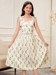 SHEIN Leap Crew Tween Girl Elegant Bowknot Decor Camisole & Skirt 2pcs Set - Apricot - View 7