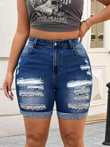SHEIN EZwear Plus Size Holiday Casual Ripped Slim Fit Denim Shorts - Dark Wash - View 3