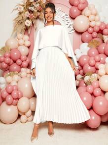 Loomaby Elegant Solid Color Pleated Shawl Maternity Dress For Party - White - View 6