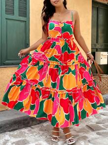 Breezaya 大码热带度假夏季花卉拼布荷叶边下摆收腰细肩带长裙 - 彩色 - 查看 8