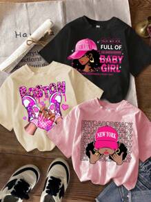 SHEIN Tween Girls Casual Cartoon Print Multiple Pieces T-Shirts, Suitable For Summer