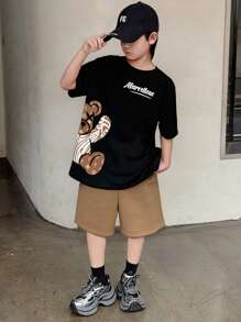 SHEIN Bộ 2 món áo thun trơn cổ tròn in hình gấu hoạt hình thường ngày cho bé trai tuổi mới lớn và quần short trơn - Nhiều màu - Xem 4