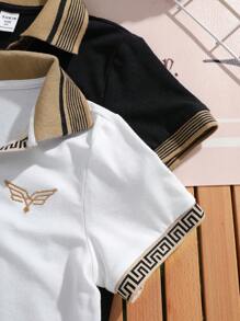 SHEIN Leap Crew Young Boy Casual College Style Flat-Knit Collar Knitted Dual-Logo Printed Polo Shirt 2pcs Set, Suitable For Summer Gathering And Outdoor Wear - Multicolor - View 6