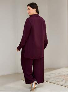Veilorie 2pcs Plus Size Floral Embroidery Shirt & Pants Set - Burgundy - View 3
