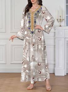 Al Najma Elegant Vintage Floral Placement Print V-Neck Dress For Women,Modest