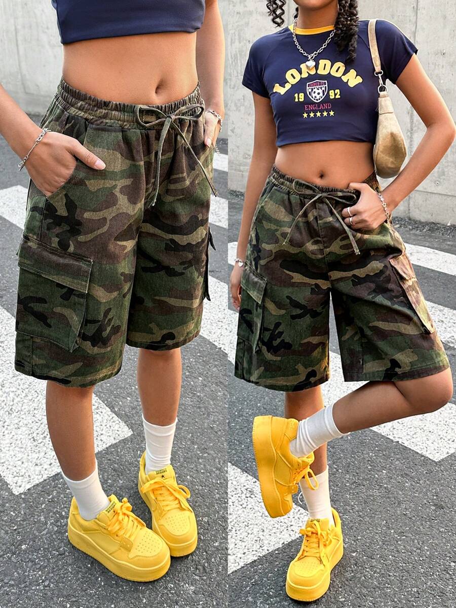 SHEIN Teen Girls' Y2K Summer Break Camouflage Camo Print Denim Loose Baggy Bermuda Denim Jeans Long Shorts,Girls Summer Boho Vacation Holiday Concert Rave Outfits - Army Green - View 1
