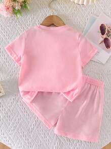 SHEIN 2pcs/Set Young Girl Casual Cute Daily Wear, Round Neck Short Sleeve Cropped T-Shirt With 3D Bow Decor And Elastic Waist Shorts - Pink - View 2