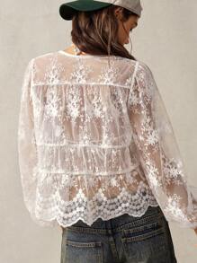 Bohemela 女士蕾丝边 V 领灯笼袖雪纺衬衫，适合夏季海滩度假
