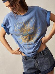 Bohemela Boho-Western-Stil Unifarben gestricktes Muster Rundhals kurzärmelig luftige Damen T-Shirt, Frühling/Sommer