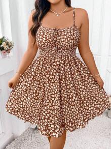Sunnyshic Vestito elegante e affascinante con bretelle a spaghetti, schiena scoperta, arricciature e fantasie floreali ditsy, adatto per Natale, vacanze e abbigliamento da spiaggia per donne in taglie comode