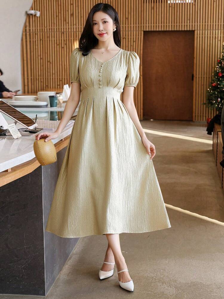 Plain V-Neck Puff Sleeve Pleat Detail Midi Dress For Women Sundress,Casual Women Dresses