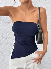 SHEIN PETITE Women Pleated Split Strapless Black Cropped Tube Top - Navy Blue - View 5