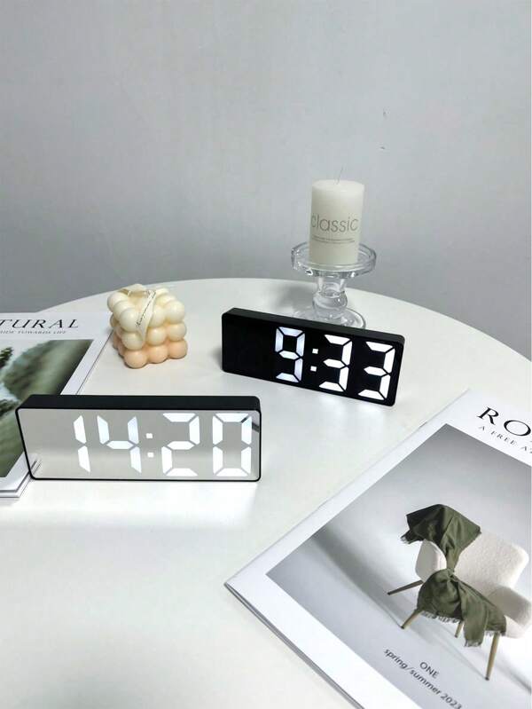 SHEIN 1pc Compact LED Mirror Table With Snooze Function, Night‑Light And USB‑Powered Digital Alarm Clock In Black For Bedroom And Office Home Decor And Wall Clock, Office Decor, Bedroom Decor, Room Decor