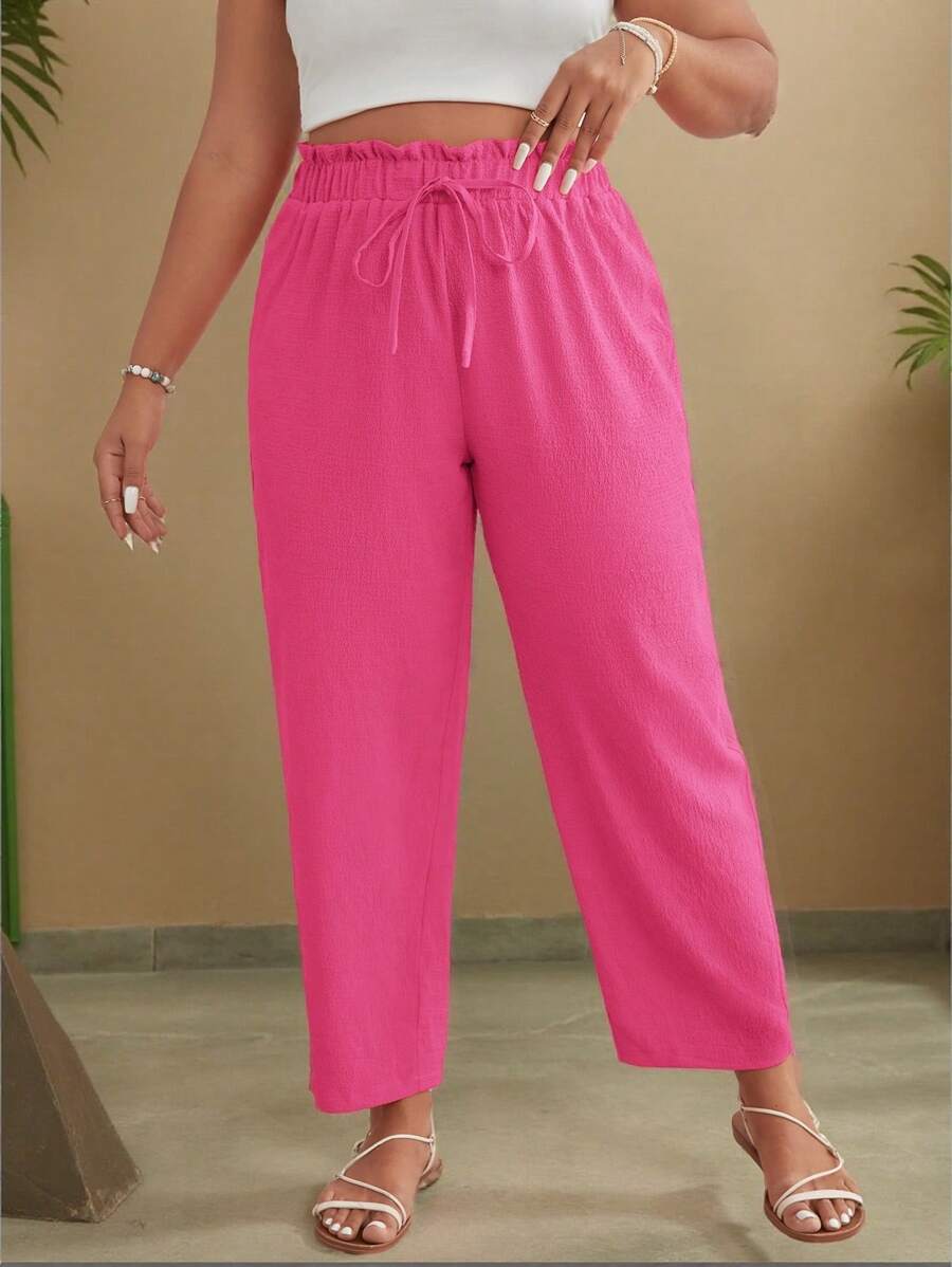 Travachic Plus Size Women's Solid Color Ruffle Hem Drawstring Waist Casual Pants - Pink - View 1