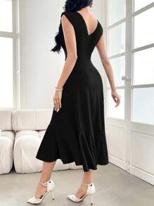 Modelyn Women's Solid Color Round Neck Ruffle Patchwork Midi Elegant Dress - Black - View 2