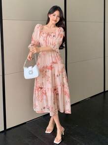 DAZY Women's Mid-Length Floral Crew Neck Drawstring Dress