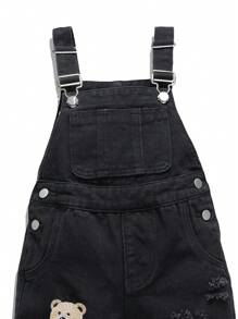 Young Boy Fashionable Casual Versatile Cute Graphic Bear & Letter Embroidered Denim Bib Overalls And Distressed Washed Denim Suspender Pants