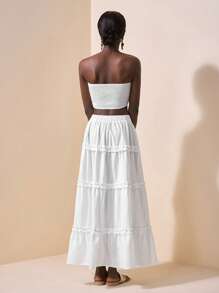 Slaydiva 新款春夏休闲度假性感优雅裹胸桃心领前镂空短款上衣+多层耳边拼接短裙长裙白色女两件套-B - 白色 - 查看 2