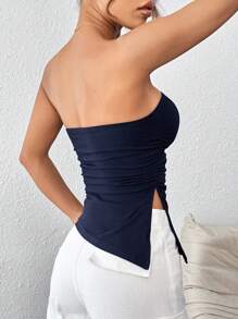SHEIN PETITE Women Pleated Split Strapless Black Cropped Tube Top - Navy Blue - View 2