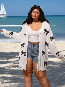 SHEIN CURVE+ Plus Size Bowknot Casual Cardigan, Lightweight Vacation Coverup, Beach Resort Sunscreen Outwear - White - View 4
