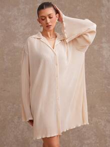 L'Amorae Elegant Commuting Solid Color Bell Sleeve Front Button Dress - Apricot - View 2