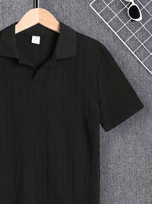 SHEIN 適合青少年男孩穿著的純色短袖polo衫 - 黑色 - 查看 6