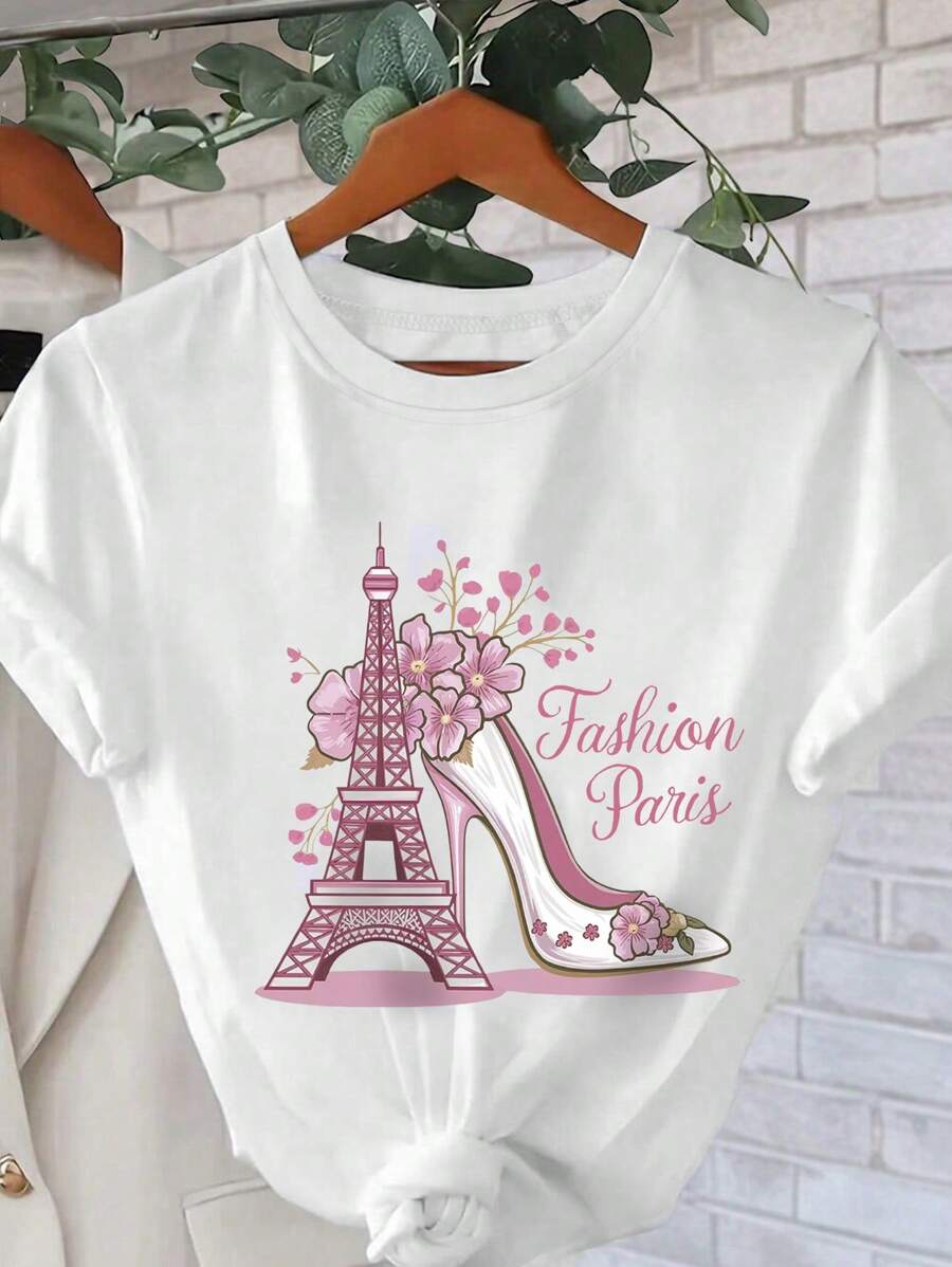 INAWLY Solva 女士休闲巴黎埃菲尔铁塔印花短袖 T 恤 - 白色 - 查看 1
