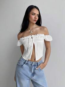 Aloruh Women's White Elegant Summer Vacation Holiday Off Shoulder Short Sleeve Blouse,Minimalist Fashionable Spring Crop Top Business Casual Y2k - White - View 4