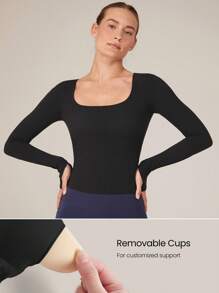GLOWMODE FeatherFit™ Maglietta a maniche lunghe scollo tondo senza impatto con taschine estraibili, pratica per lo yoga e l'uso quotidiano
