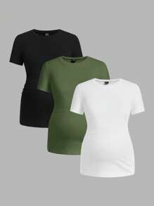 Modmama 孕妇纯色圆领短袖褶皱休闲 T 恤