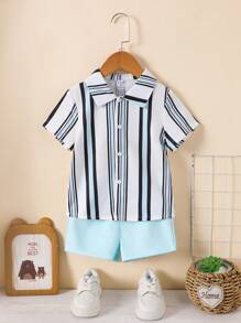 SHEIN 2pcs/Set Young Boy Casual Short Sleeve Shirt And Shorts Set, Minimalist Style Suitable For Summer - Blue - View 4