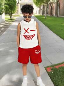 SHEIN Leap Crew Tween Boy Cartoon Graphic Hooded Top & Drawstring Waist Shorts - Red - View 3