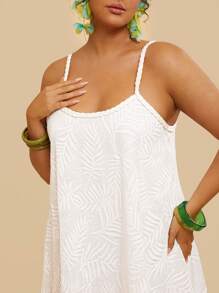 SHEIN VCAY Vintage Plus Size Holiday Casual Spring/Summer Boho Beach Sleeveless White Hollow Plant Floral Midi Dress For Women