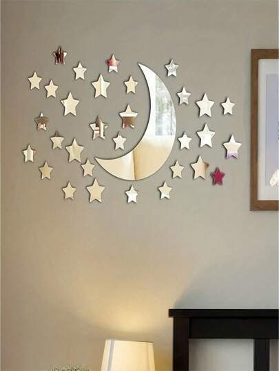 SHEIN 月亮和星星形状的镜面墙贴，1毫米厚亚克力材质，适用于家居装饰，银色，情人节、婚礼、生日、开斋节等节日适用，家居装饰墙面装饰房间装饰墙镜，适用于浴室装饰、客厅装饰