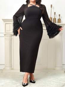 Modelyn Plus Size Women's V-Neck Rhinestone Crossed Design Puff Sleeve Elegant Dress