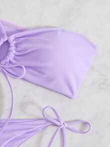Swim Mod Women Summer Beach Solid Wireless Bandeau Front-Tie Bikini Swimwear Set - Mauve Purple - View 3