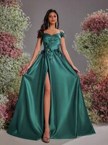 Glamrae Elegant&Luxurious Off Shoulder Satin Gown,3D Floral Design,High Slit,Ruched Flared Maxi Train Dress For Weddings,Galas,Formal Evening Party Guest - Olive Green - View 4
