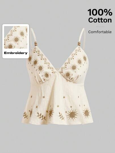 Fairycore Blusa holgada de mujer con estampado bordado de estrellas y plantas, con tirantes con cuentas, para vacaciones y playa, estilo vintage