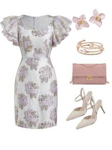 Ellevyn Enges Mini-Kleid in Rosa mit Jacquard-Webmuster für große Größen, quadratischer Ausschnitt, Puffärmel, elegant für romantische Outfits im Alltag, Frühlings-/Sommerkleid für Frauen, Rosa Kleid in großen Größen, Mini-Kleid, Rosa Kleid für Frauen, Kleider, Spitzenkleid, bescheidenes Kleid für Frauen, Rüschenkleid, Partykleid, elegantes Kleid, Tee-Kleid, Sommerkleid in großen Größen, Kurvenkleid, Kleider für Hochzeit, Veranstaltung, Ausgehkleid